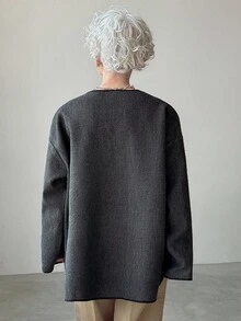 FRIFUL 女士时尚宽松落肩休闲外套 女士开衫 薄款开衫 老年女性服装 日本风服装 亚麻服装 女士外套 - 灰色 - 查看 4