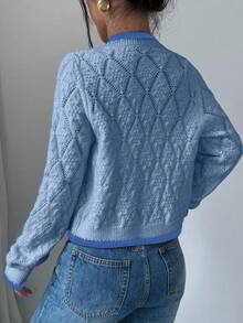 Selianne French Casual Versatile Diamond Textured Long Sleeve Pullover Knit - Blue - View 3