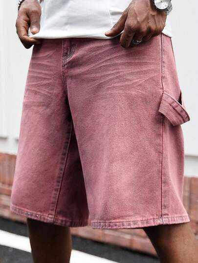 Manfinity LEGND Men's Casual Washed Straight Loose Denim Shorts, Summer Pink Men Shorts Boyfriend & Husband GenZ For Loose Wide Leg Street