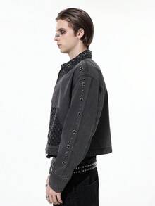 ROMWE MEN Street Life 男士宽松珍珠装饰牛仔夹克 - 深灰色 - 查看 7