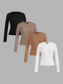 SHEIN EZwear 4件組女款圓領休閒端莊基本款修身長袖T恤套裝，適合秋冬/冬季，日間穿著，黑色、灰褐色、棕色、白色 - 彩色 - 查看 13