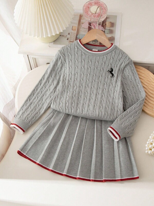 Souflis Souflis Embroidered Elegant Knit Long Sleeve Top And Skirt 2 Pieces Set, Versatile For Home, Outings, And Gatherings Girls Sweater Set Girls Pleated Skirt Set Girls Cable Knit Sweater Kids Winter Set Gray Girls Sweater Set Girl Fall Winter Clothes Girls Sweater Dress Girls Knit Dress Set Kids Sweater Dress Toddler Girls Sweater Young Girls Fall Outfits Young Girls Winter Clothes Kids Fall Clothes Kids Pleated Skirt Sets Girl Clothes Autumn And Winter Clothes Gray Uniform Dress For Girls Autumn And Winter Young Girls Dressse