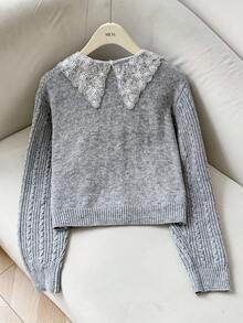 Heiryn 秋冬女士花卉串珠领抽绳休闲日常针织开衫