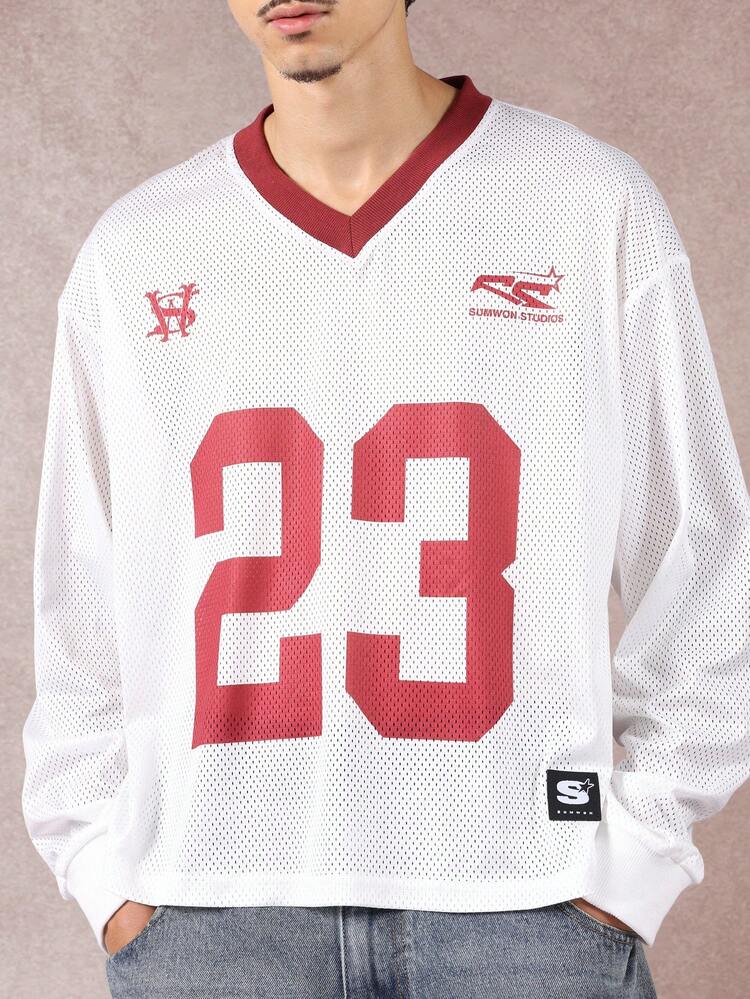 Mesh Jersey V Neck Tee With Number Print