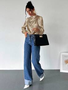 Firerie 女士优雅办公室通勤衬衫，荷叶边肩部泡泡袖，金色，适合春秋冬季，优雅通勤工作装 - 金色 - 查看 5