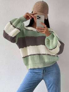 EMERY ROSE Women's Casual Loose Fit Contrast Color Round Neck Drop Shoulder Long Sleeve Sweater, Autumn