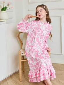 女童可爱荷叶边领口粉色心形印花甜美长袖睡袍 - 粉色 - 查看 5