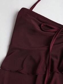 Sweetra Áo cổ yếm đơn giản, màu trơn dành cho nữ mặc hàng ngày Y2K - Màu Đỏ Sâu - Xem 5