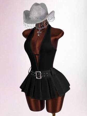 Amplova Deep V-Neck Metal Belt Buckle Decor Slit Pleated Bodycon Jumpsuit Pants,Party Dresses For Women,Dresses For Women Party