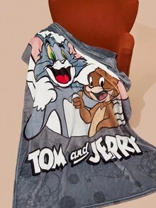 TOM & JERRY X SHEIN 1 件灰色卡通图案法兰绒厚毯，柔软温暖，防脱落，多种尺寸，适合沙发、床、午睡 - 灰色 - 查看 4