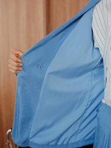 Chiquease Áo khoác Blazer nữ dệt kim tay dài thời trang xuân/thu, thiết kế hai túi, hiệu ứng denim, thời trang thường ngày đa năng - Màu xanh nhạt - Xem 8