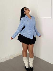 Flirla Plus Size Striped Embroidered Button-Down Long Sleeve Shirt, Autumn Fall Cloth For Women - Blue - View 6