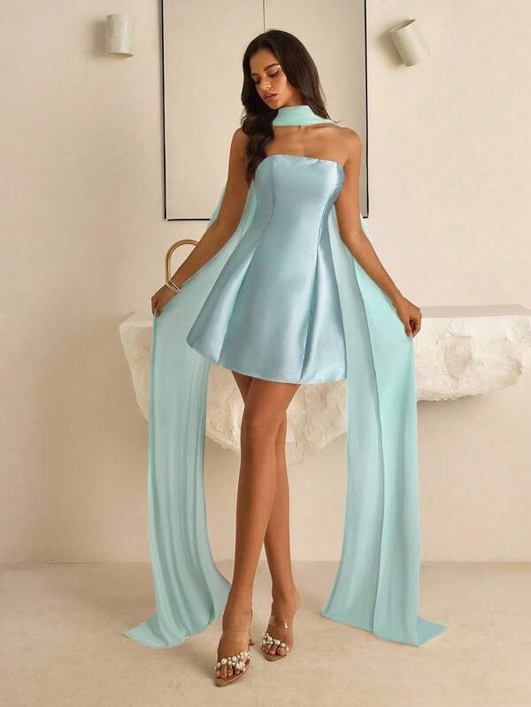 Vowa Elegant, Graceful, Noble, Palace-Style White Satin Strapless, Ribbon, Waist-Cinched, Mini A-Line Skirt Dress, Suitable For Bachelorette Party, Wedding, Graduation, Vacation, Bridal Shower