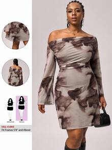 SHEIN Tall CURVE Große Größen Herbst sexy süßes braunes Farbverlaufsmuster Mesh-Muster Off-Shoulder gerafftes ausgestelltes Langarm-Minikleid, Geburtstagskleider für Frauen - Verschiedenfarbig - Übersicht 1
