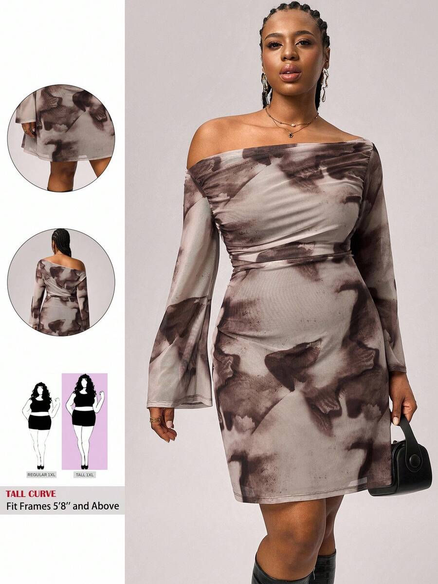 SHEIN Tall CURVE Große Größen Herbst sexy süßes braunes Farbverlaufsmuster Mesh-Muster Off-Shoulder gerafftes ausgestelltes Langarm-Minikleid, Geburtstagskleider für Frauen - Verschiedenfarbig - Übersicht 1