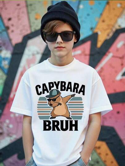 SHEIN Boys' Casual Fashionable Creative Cartoon Cute Capybara Graphic Print Basic Short Sleeve T-Shirt Youth Boys Graphic Tees Bruh Shirt Kids Boys Graphic Tees Kids Graphic Tees Capybara Shirt Kids