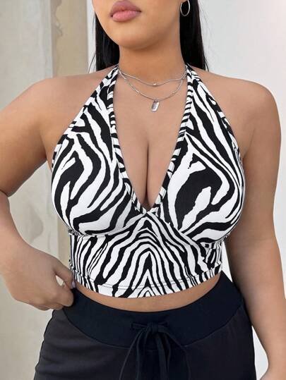 Muchica Zebra Pattern Knitted Tight Plus Size Women's Halter Top