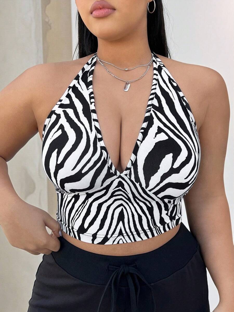 Muchica Top A Maglia Halter Da Donna Di Taglia Più Grande, Stretto A Motivo Zebrato - Multicolore - Visualizzare 1