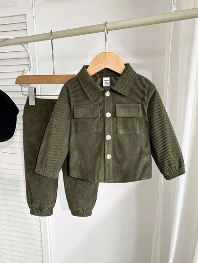 SHEIN Playful Pals 2pcs/Set Baby Boy Corduroy Long Sleeve Button Pocket Shirt And Elastic Waist Pants Set, Casual Elegant Style Suitable For Tops, School, Leisure, Vacation, Sports, Home, Spring/Summer, 6M-3T, Children Clothing, Infant Clothing, Baby Apparel, Shirt, Top Green Baby Boy Outfit Baby Boy Fall Outfit 2 Pieces Set Baby Boy Baby Boy Corduroy Set Baby Boy Corduroy Clothes Winter