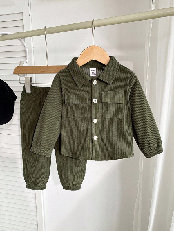 SHEIN Playful Pals 2 Stücke/Set Baby Jungen Cord Langarm Knopf Tasche Hemd und Hose mit Gummibund Set, lässiger eleganter Stil geeignet für Oberteile, Schule, Lässig, Urlaub, Sport, Zuhause, Frühling/Sommer, 6M-3T, Kinderkleidung, Babykleidung, Kleinkind Hemd, Kleinkind Top
