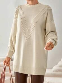 EURMUSE Textured Puff Sleeve Cream Knit Dress With V-Pattern Front Detailing,Jumper,Jumpers For Women,Jumpers,Christmas Jumper,White Jumper,Black Jumper,Ladies Jumper,Women's Jumpers - Beige - View 6