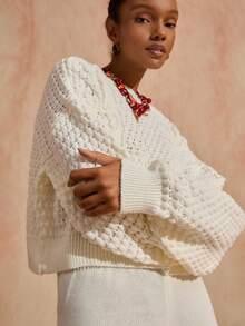 Bóhologie Pull ample à col rond décontracté, manches ballons, tricot torsadé, doux et confortable, toucher chaud. Pantalon large taille haute en tricot, look pyjama confortable pour l'automne et l'hiver pour les femmes