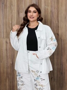 EMERY ROSE Plus Size Women's Summer Casual Embroidered Denim Jacket - White - View 7