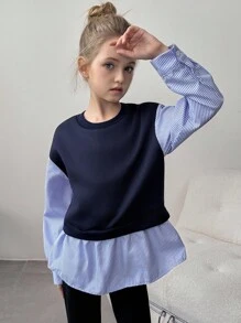 Tween Girls Striped Patchwork Ruffle Hem 2 In 1 Sweatshirt Fall Winter