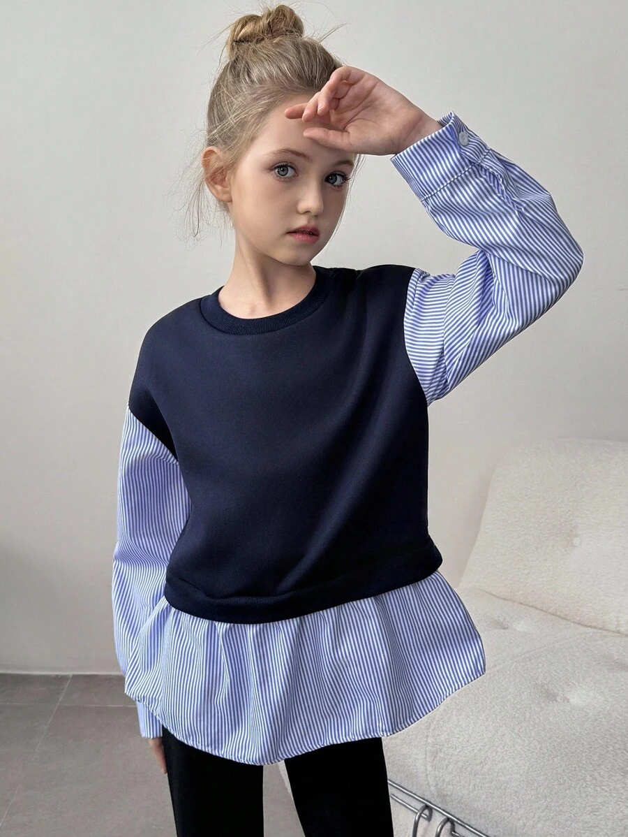 Tween Girls Striped Patchwork Ruffle Hem 2 In 1 Sweatshirt Fall Winter