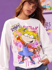 Nick 90s | SHEIN 女式卡通人物图案圆领长袖套头衫 - 白色 - 查看 3