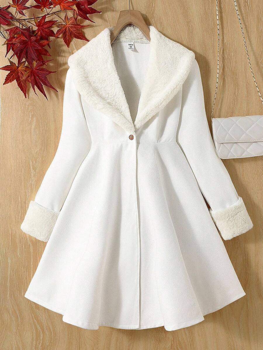 SHEIN Teen Girls White Double-Sided Flannel Collar Mid-Length Umbrella Hem Elegant Woolen Overcoat Girls Winter Coat Tween Dress Coat Girls Fleece Coat Teen Girls Winter Coat Girls White Coat/Halloween/Autumn/Christmas/Holiday/Festival/Winter Fall