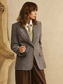 Revavyn 女士棉混纺纯色斜纹 V 领西装外套，长袖修身办公室/工作服，春秋季 - 棕色 - 查看 4