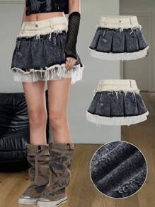 Coolane 女款夏季 Y2K 街头风复古网眼牛仔脏脏拼布裁剪工艺褶皱低腰迷你裙 - 深灰色 - 查看 5