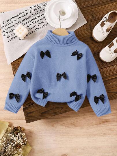 LMoss Kids LMoss Young Girl Young Girl's Stand Collar Loose Fit Casual 3D Bow ,Decor Sweater Yarn,Girls Young Girl Costumes,Toddler Sweater,Girls Winter Clothes,Girls Sweater Blue Bow Sweater Sweater With Bows Kids Bow Sweater Bow Sweater Girls Bow Sweater,Herbst,Fall Tops