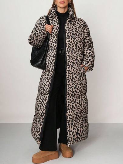 EURMUSE Plus Size Long Curve Women's Fashionable Chic Random Leopard Print Padded Insulated Polyfill Synthetic Insulation Winter Coat Winter Jacket Jacket For Winter Clothes Cheetah Print