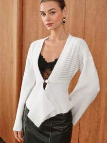 SHEIN Unity 1pc Women's Solid Color Long Sleeve Fitted Asymmetrical Hem Elegant Cardigan Fall Cloth For Women - White - View 4