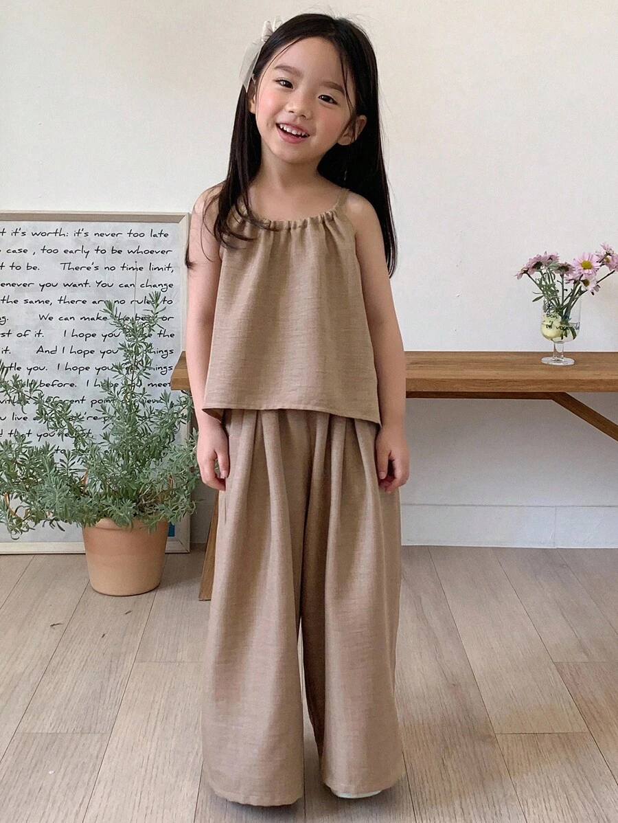 Dazy Kids Bộ đồ hai mảnh mùa hè cho bé gái, gồm áo hai dây màu trơn và quần ống rộng, thích hợp cho kỳ nghỉ. - Màu Khaki - Xem 1
