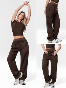 GLOWMODE 30英寸日常羊毛阔腿可调节抽绳腰部工装慢跑裤日常休闲裤 - 巧克力棕 - 查看 6