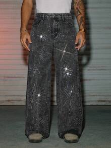 AXEPEAK Men's Washed Loose Casual Rhinestone Embellished Pants - Black - View 1