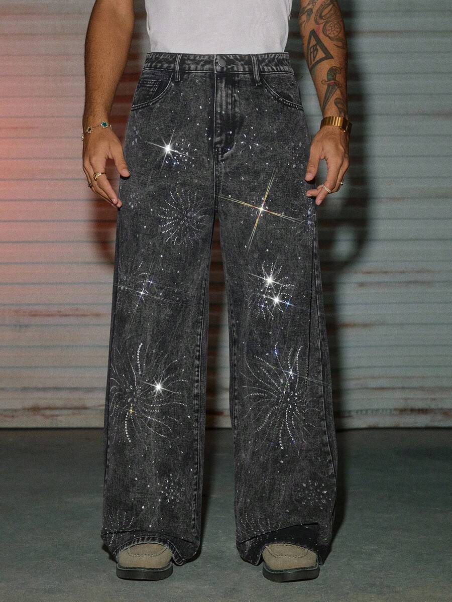 AXEPEAK Men's Washed Loose Casual Rhinestone Embellished Pants - Black - View 1