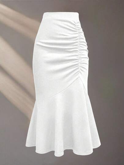 Franclia Women's High Waisted Solid Color Pleated Fish Tail Hem Elegant Skirt