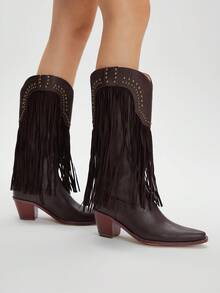 Styleloop CUCCOO 女式尖头粗跟流苏铆钉西部中筒靴 - 咖啡棕 - 查看 3