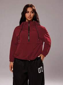 SHEIN MOOSTA Plus Size Solid Color Hooded Jacket Fall Winter Cloth For Women Autumn - Burgundy - View 6