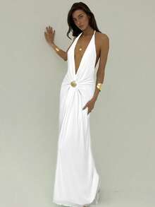 Aloruh Đầm dài hở lưng màu trơn có họa tiết kim loại cho nữ - trắng - Xem 3