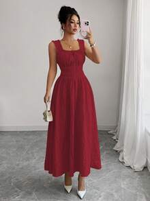 Elenzga 全新女式编织纹理花卉面料细肩带蝴蝶结设计腰部 A 字型时尚百搭优雅精致淑女连衣裙 - 酒紅色 - 查看 7