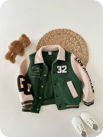 SHEIN Young Boys' Colorblock Casual Comfortable Versatile Funky Contrast Collar Thick Jacket, Suitable For Autumn/Winter, Collegiate Style Fall