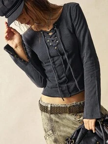 Bohemela 1 件女式休闲纯色针织长袖修身水洗 T 恤 - 黑色 - 查看 5