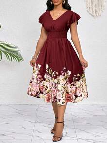 SHEIN Lady 女式 V 领荷叶边袖腰部收紧中长休闲连衣裙，夏季 - 酒紅色 - 查看 4