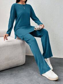 EURMUSE Camiseta de algodón con hombros caídos y pantalones con bajo dividido - Agua verde azul - Ver 4