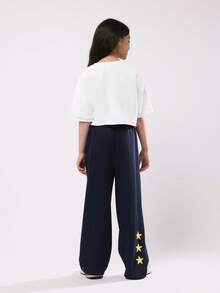 SUMWON 宽松少女阔腿慢跑裤，饰有黄色文字图案和星星细节，休闲街头风秋冬下装，舒适百搭 - 藏蓝色 - 查看 5